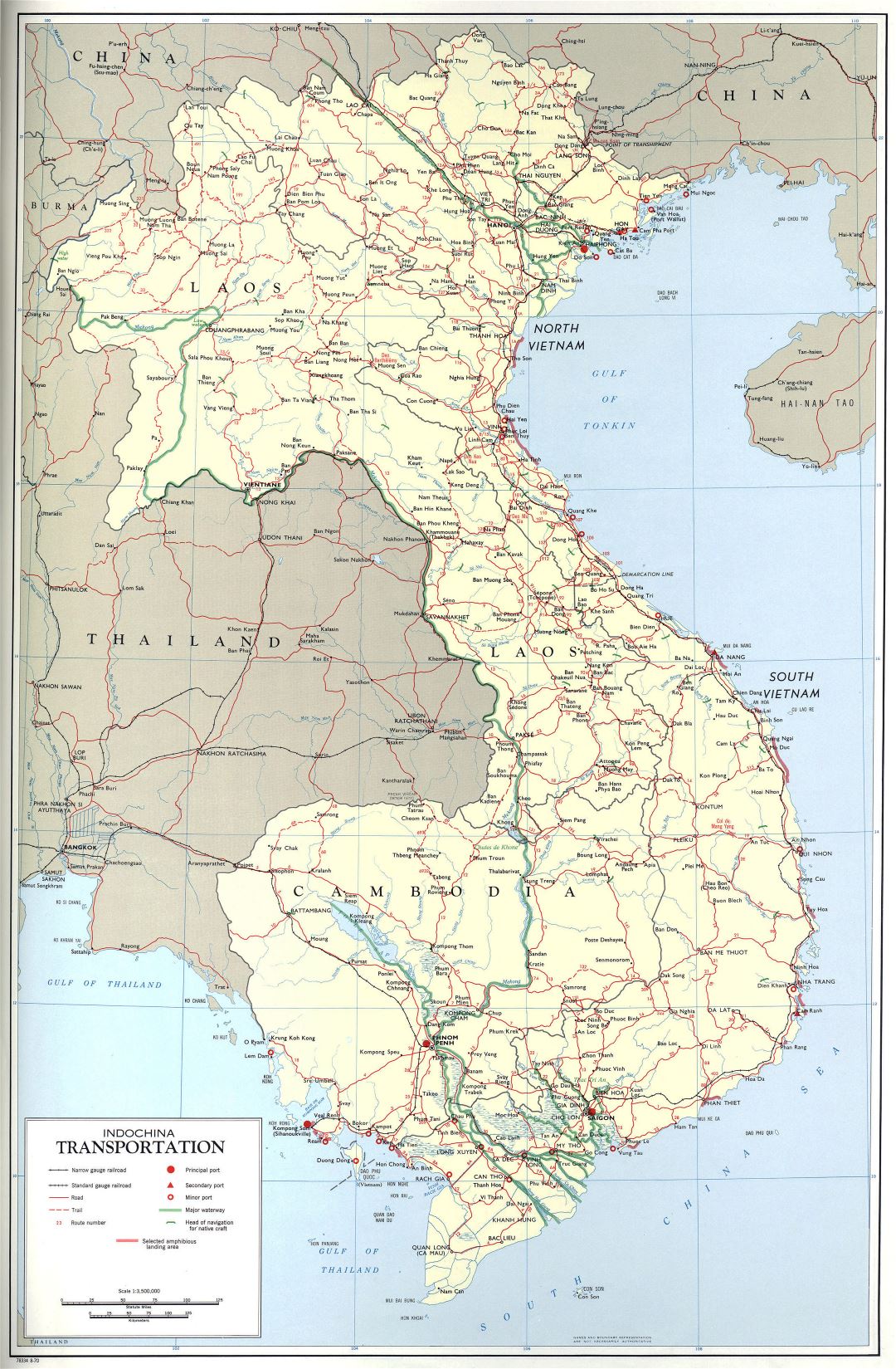 Крупномасштабная карта транспортных сообщений Индокитая с городами - 1970
