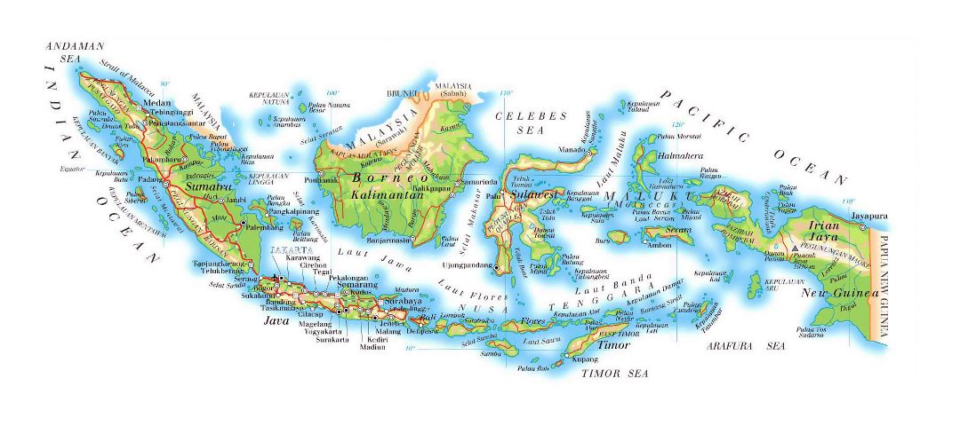 Детальная карта высот Индонезии с дорогами, рельефами и аэропортами