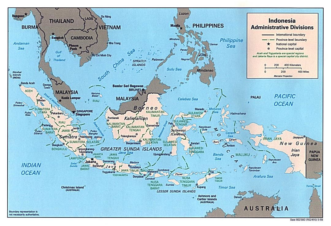 Большая карта административных делений Индонезии с крупными городами - 1998