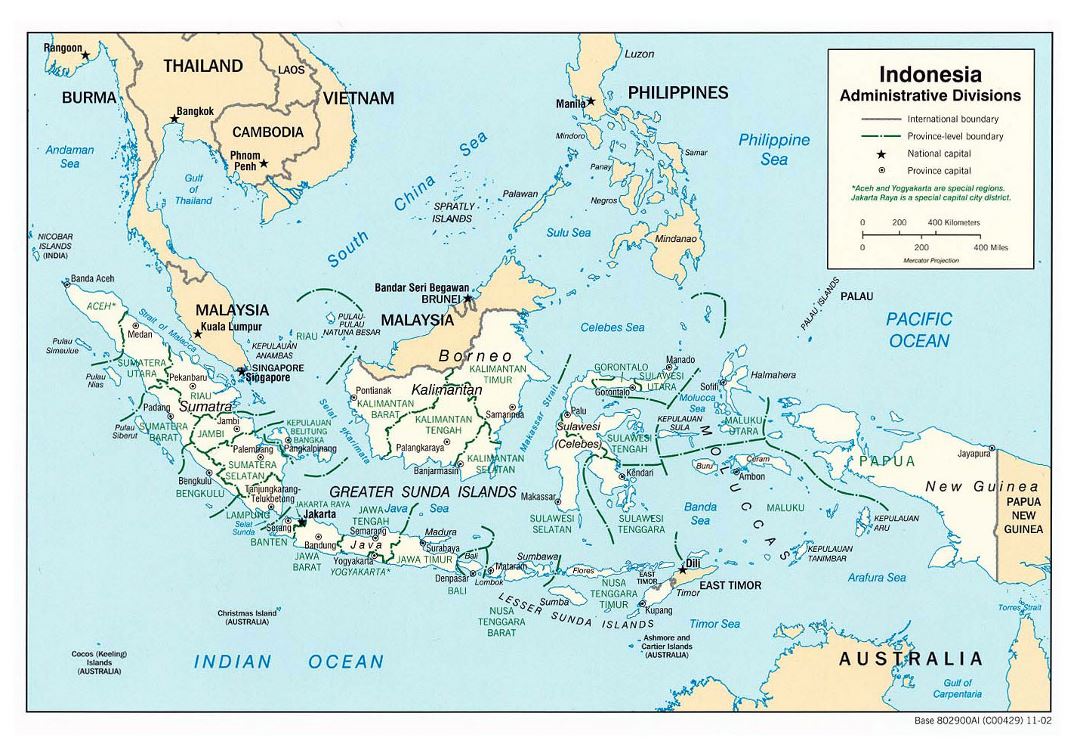 Большая карта административных делений Индонезии с крупными городами - 2002