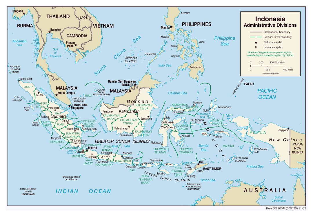 Большая детальная карта административных делений Индонезии с крупными городами - 2002