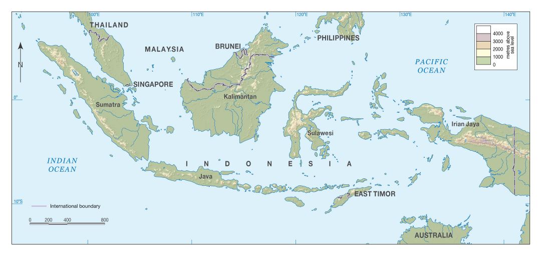 Большая детальная карта высот Индонезии