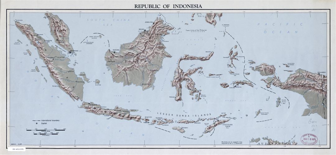 Большая детальная карта Республики Индонезия с рельефом - 1957