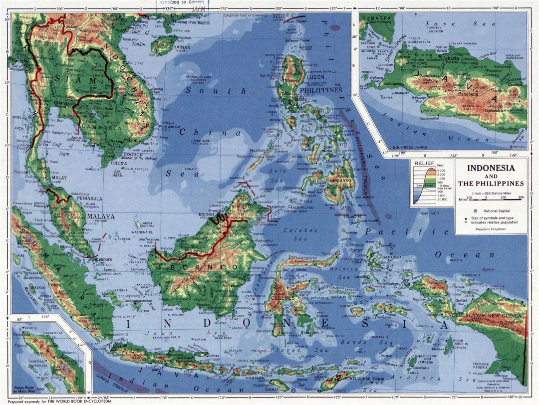 Большая детальная физическая карта Индонезии и Филиппин - 1952