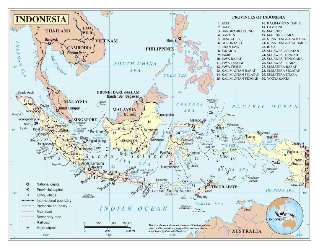 Большая детальная политическая и административная карта Индонезии с дорогами, крупными городами и аэропортами
