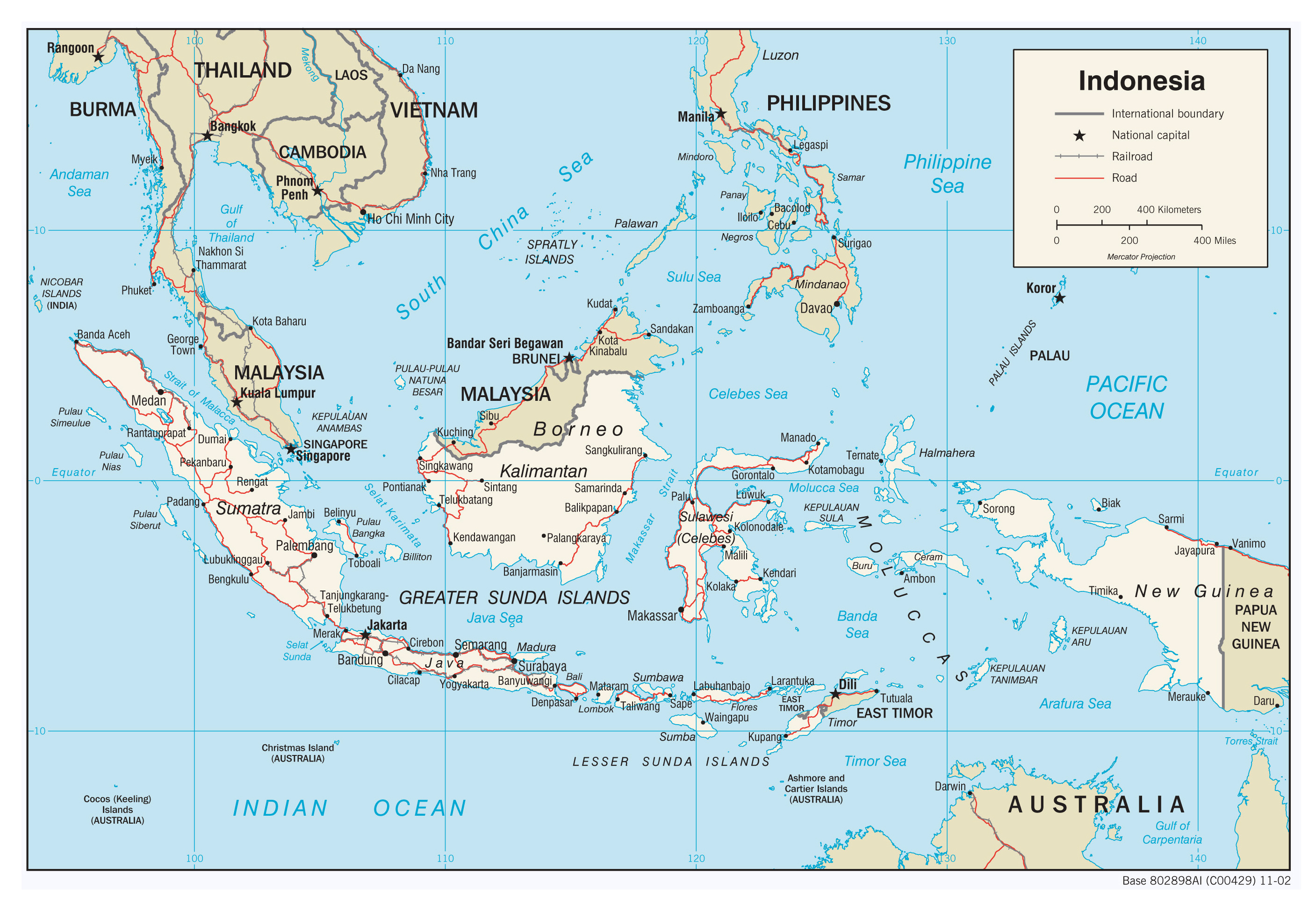 Большая детальная политическая карта Индонезии с дорогами и крупнымигородами - 2002