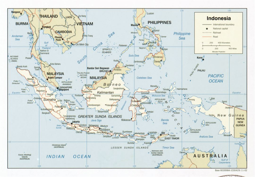 Большая детальная политическая карта Индонезии с дорогами, железными дорогами и крупными городами - 2002