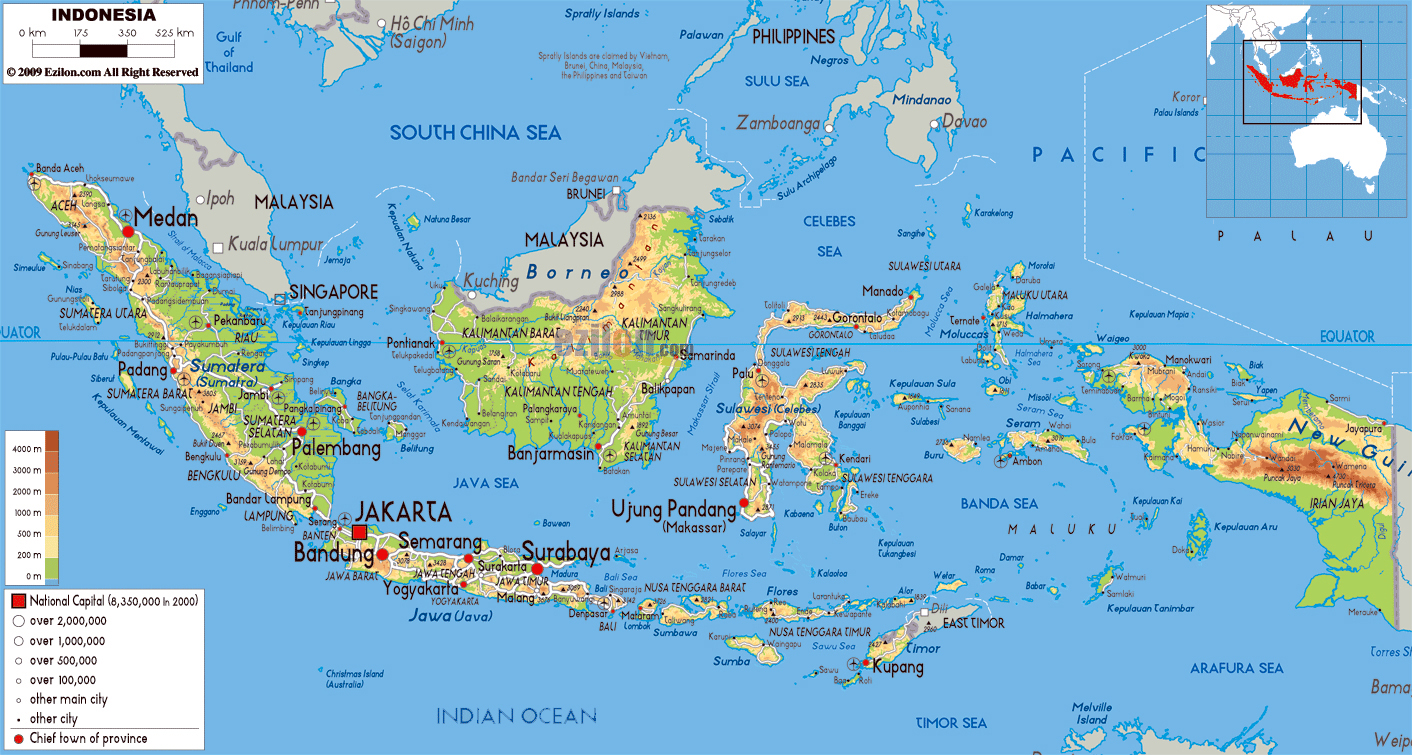 Большая физическая карта Индонезии с дорогами, городами и аэропортами