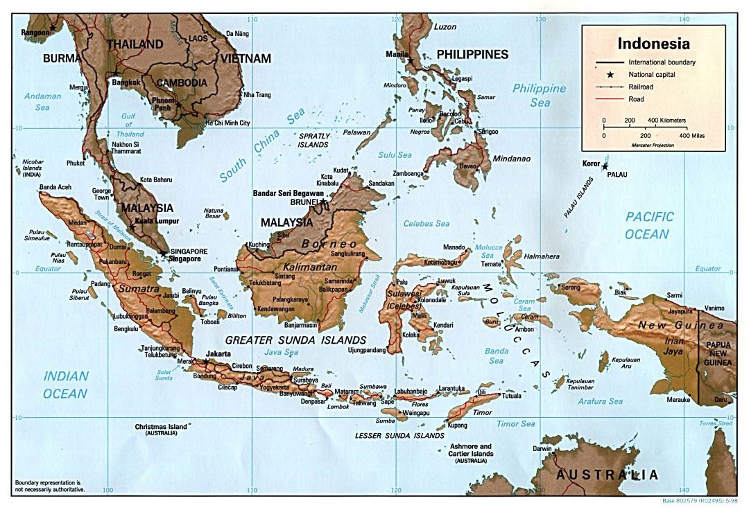 Большая политическая карта Индонезии с рельефом, дорогами и крупными городами - 1998