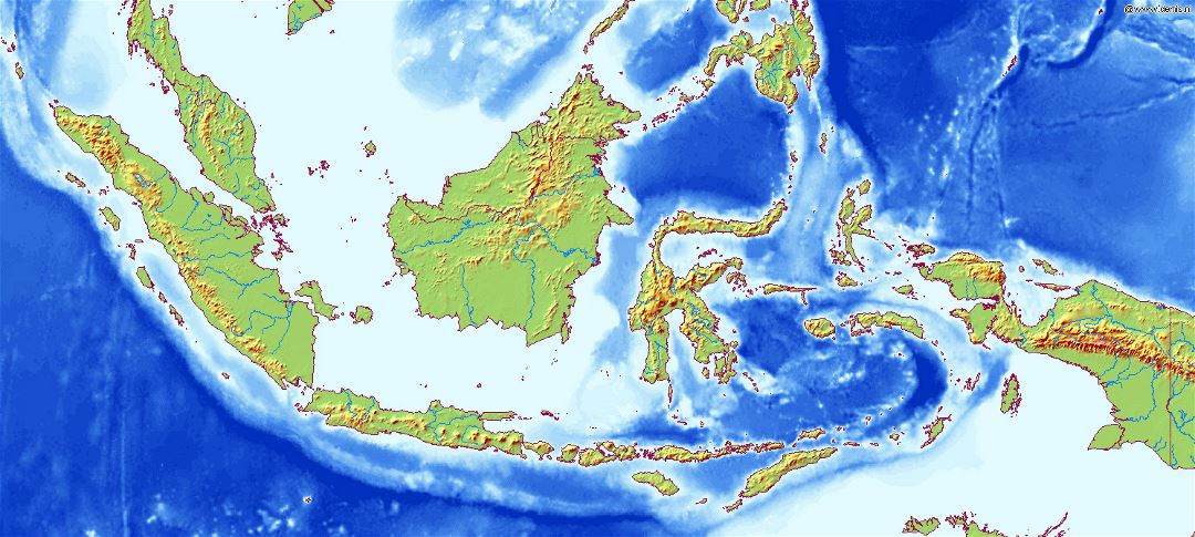 Большая карта рельефа Индонезии
