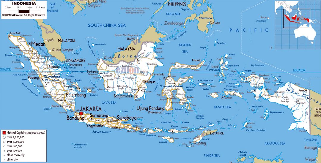 Большая карта дорог Индонезии с городами и аэропортами