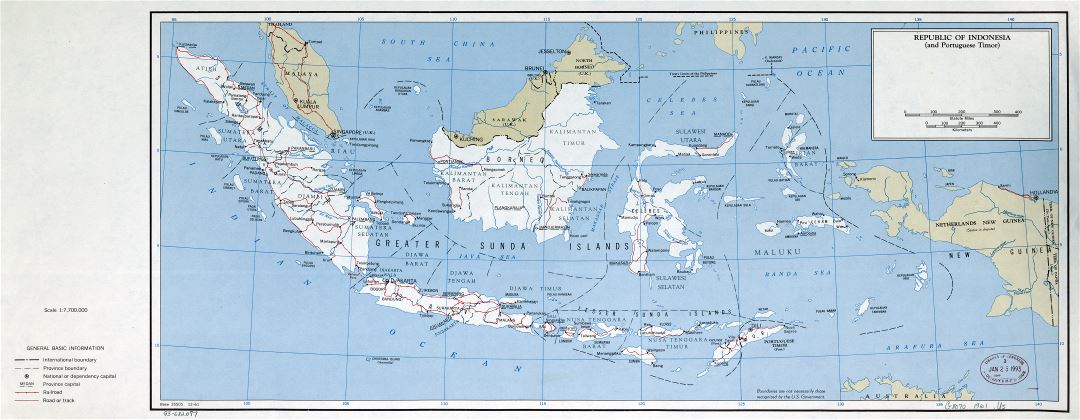 Крупномасштабная политическая и административная карта Республики Индонезия с дорогами, железными дорогами и крупными городами - 1961