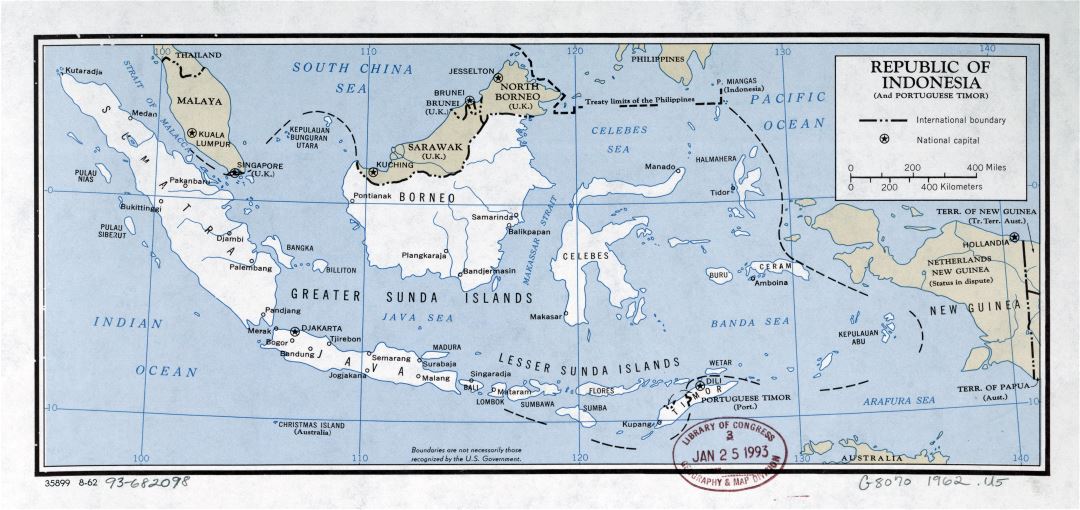 Крупномасштабная политическая карта Республики Индонезия - 1962