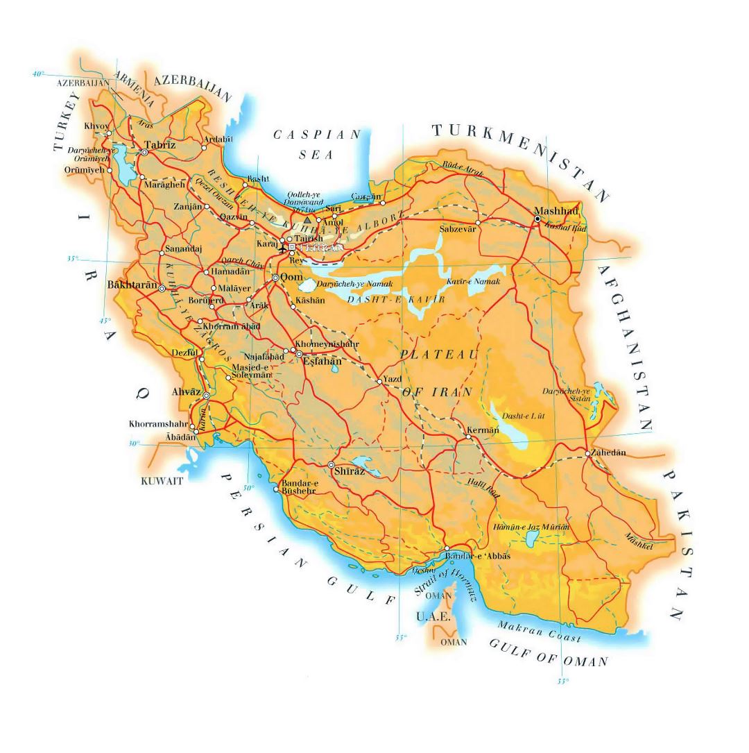 Детальная карта высот Ирана с дорогами, городами и аэропортами