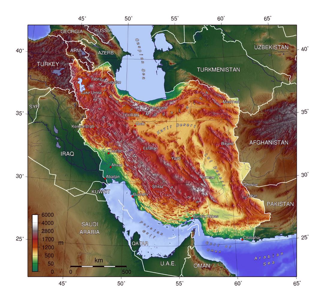 Детальная физическая карта Ирана