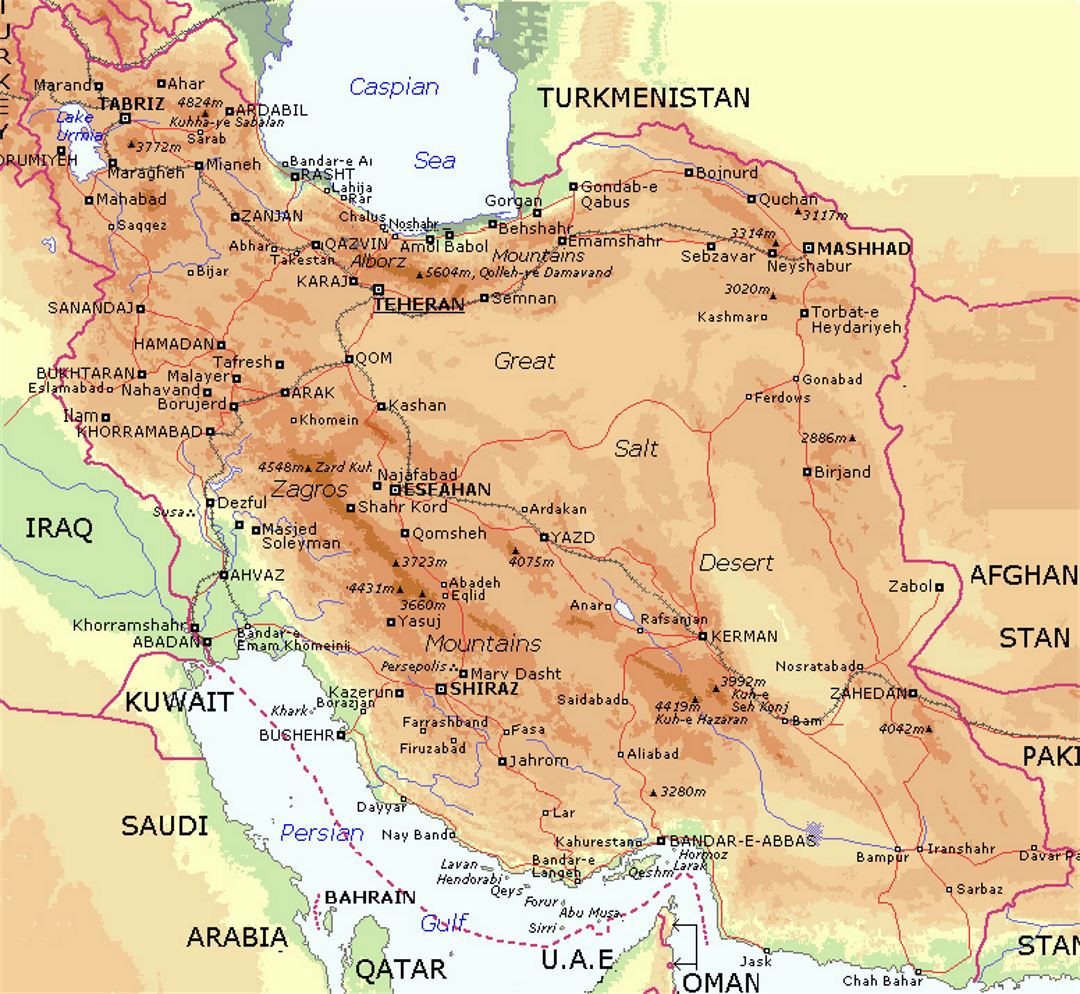 Карта высот Ирана с городами