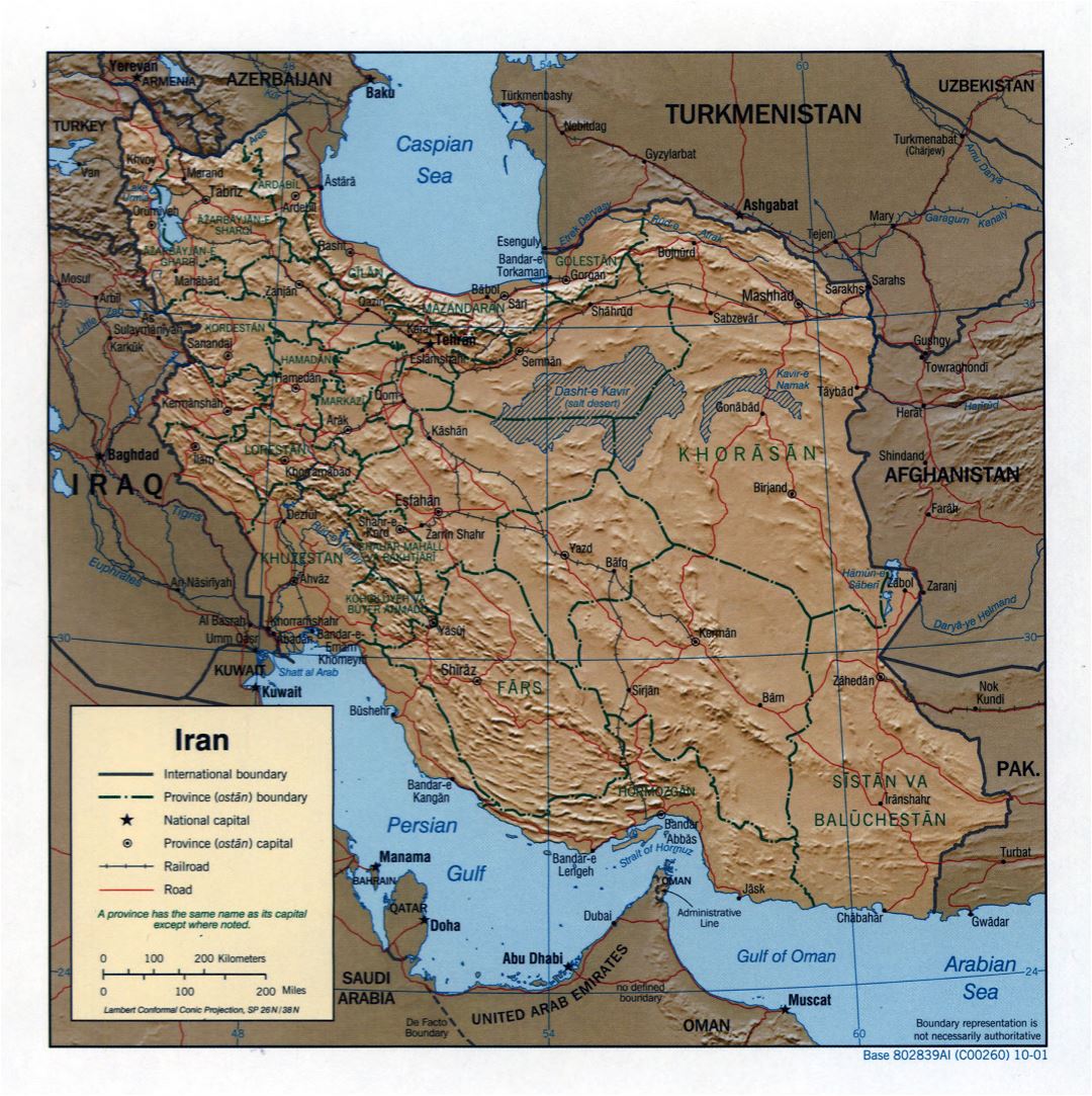 Большая детальная политическая и административная карта Ирана с рельефом, дорогами, железными дорогами и городами - 2001