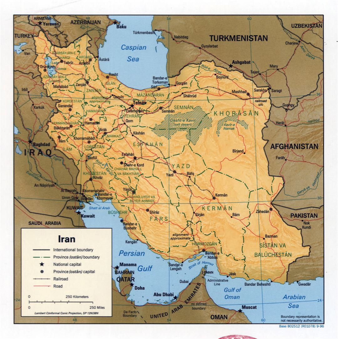 Большая детальная политическая и административная карта Ирана с рельефом, дорогами, железными дорогами и крупными городами - 1996