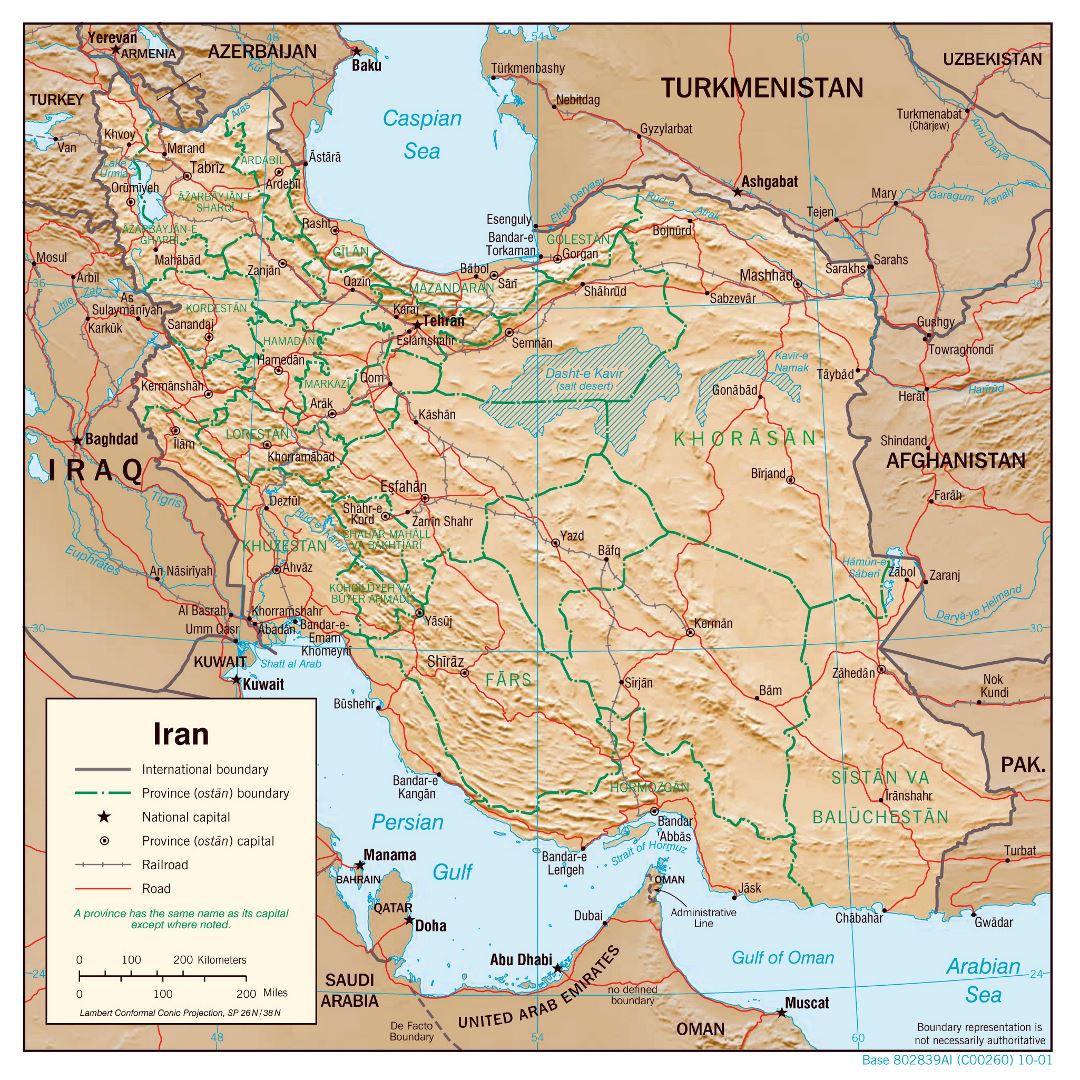 Большая детальная политическая и административная карта Ирана с рельефом, дорогами, железными дорогами и крупными городами - 2001