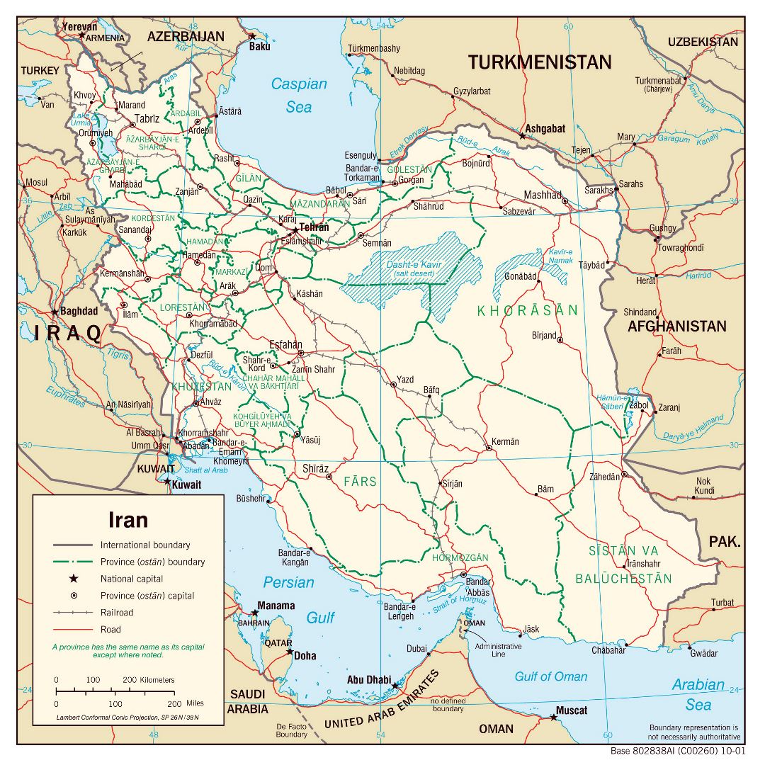 Большая детальная политическая и административная карта Ирана с дорогами, железными дорогами и крупными городами - 2001