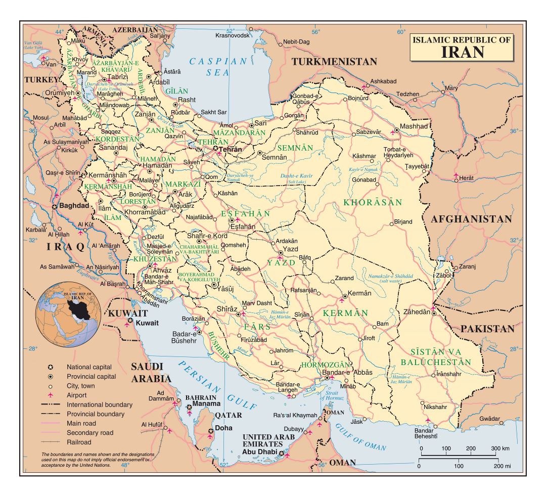 Большая детальная политическая карта Ирана с дорогами, городами и аэропортами