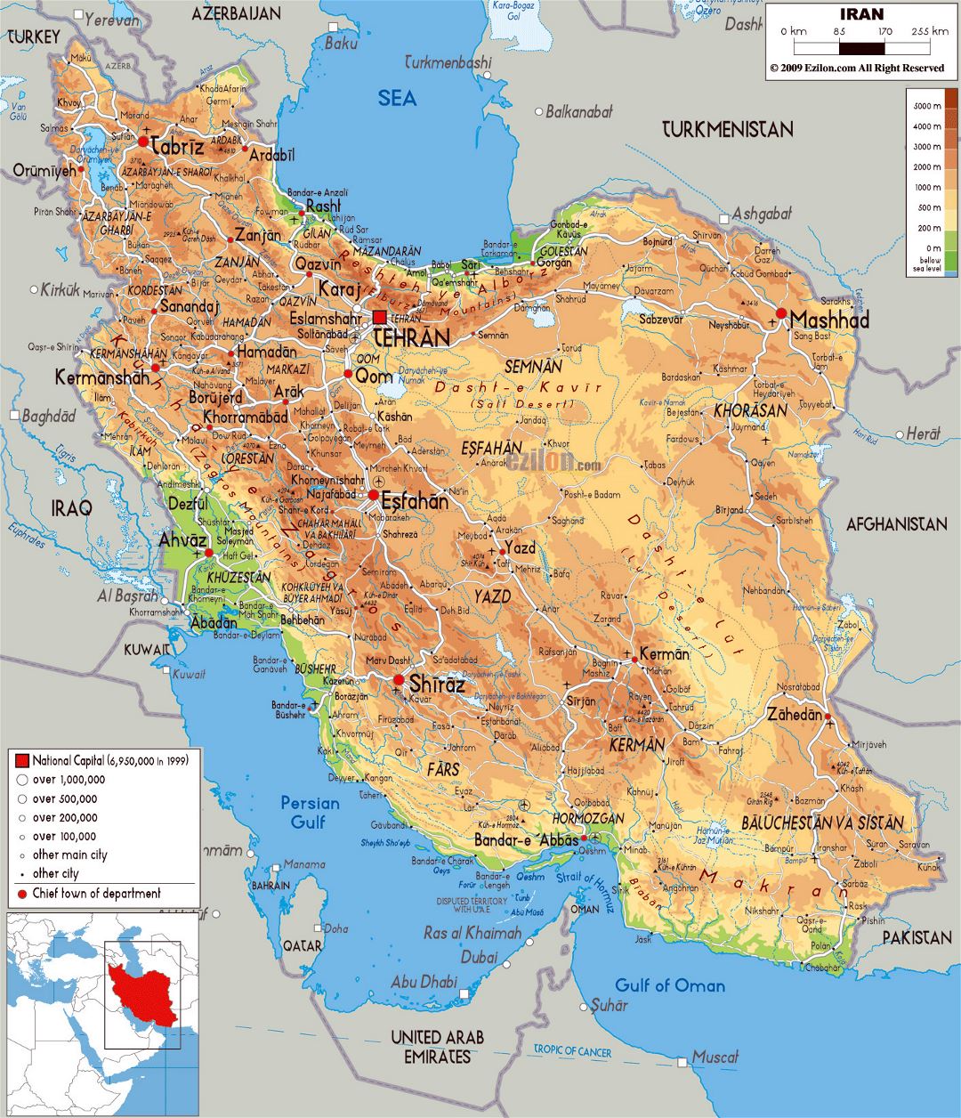 Большая физическая карта Ирана со всеми городами, дорогами и аэропортами