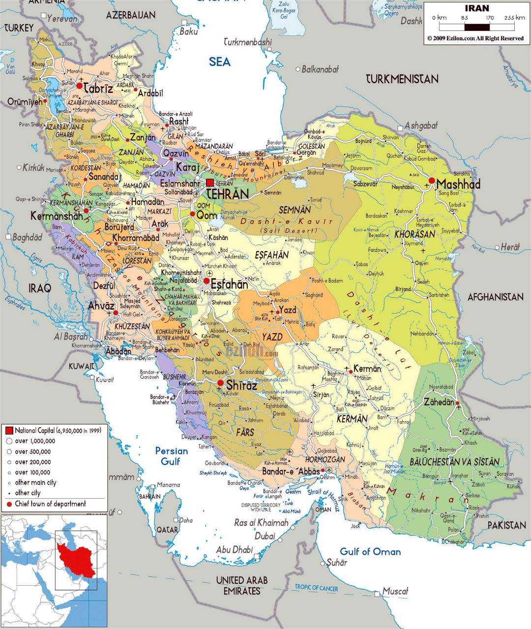 Большая политическая и административная карта Ирана со всеми городами, дорогами и аэропортами