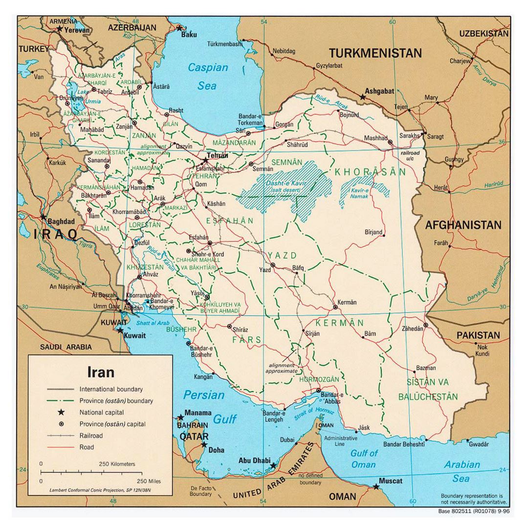 Большая политическая и административная карта Ирана с дорогами, железными дорогами и городами - 1996