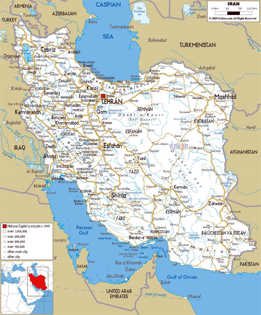 Большая карта дорог Ирана со всеми городами и аэропортами