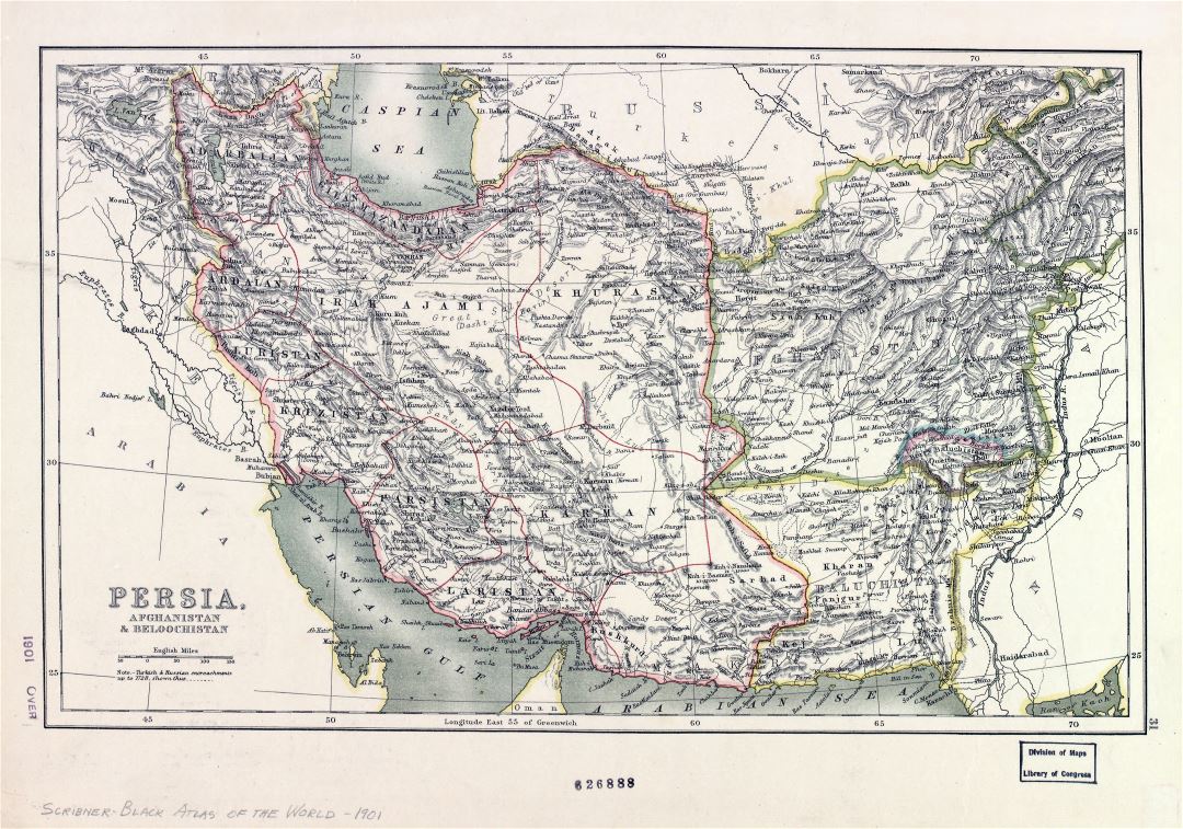 Крупномасштабная старая карта Персии, Афганистана и Белуджистана - 1901