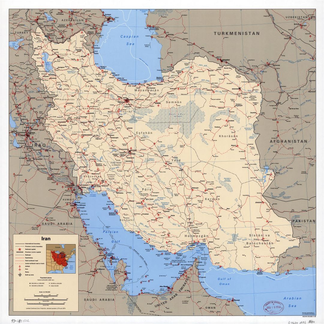 Крупномасштабная политическая карта Ирана со всеми дорогами, железными дорогами, городами, портами, аэропортами и другими пометками - 1996