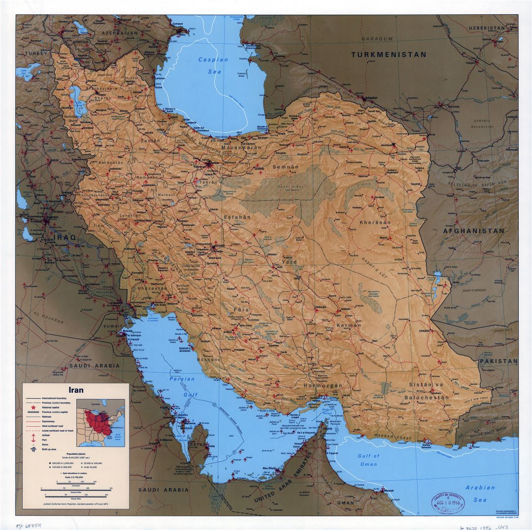 Крупномасштабная политическая карта Ирана с рельефом, всеми дорогами, железными дорогами, городами, портами, аэропортами и другими пометками- 1996