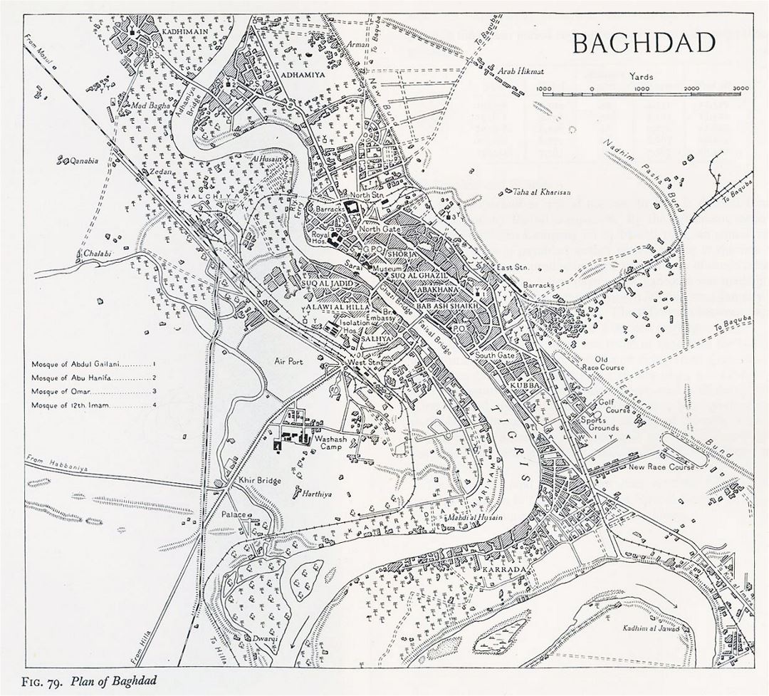 Большая старая карта города Багдада - 1944