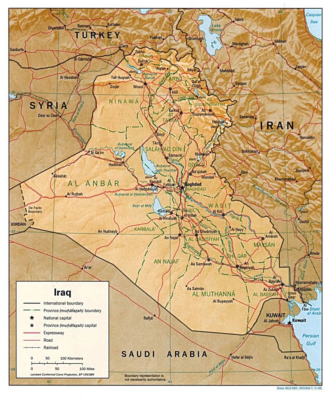 Детальная политическая и административная карта Ирака с рельфом, дорогами, железными дорогами и крупными городми - 1996