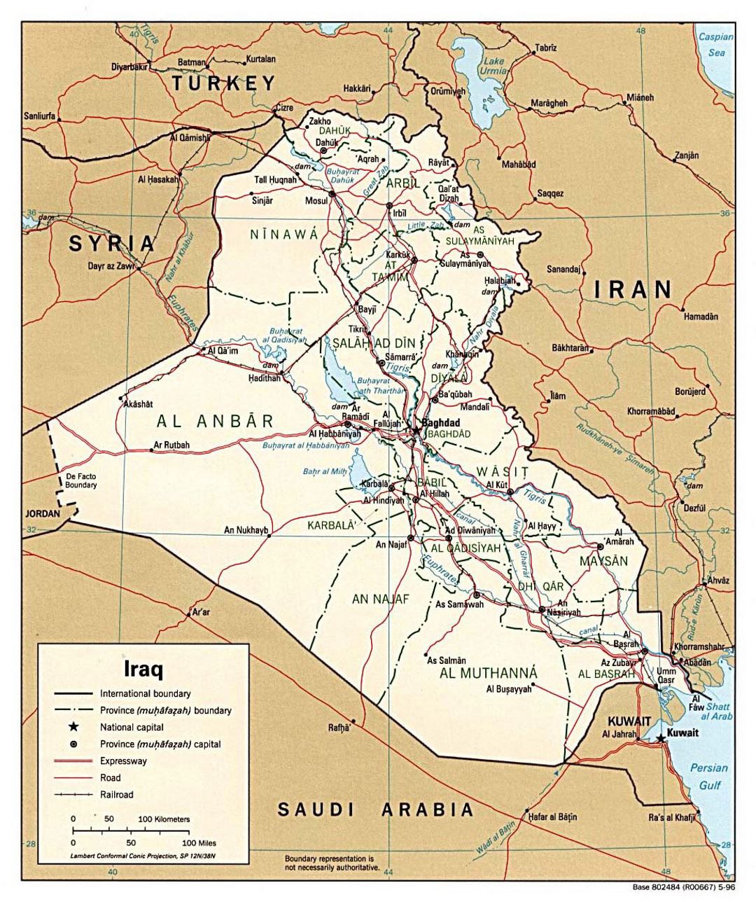 Детальная политическая и административная карта Ирака с дорогами, железными дорогами и крупными городами - 1996