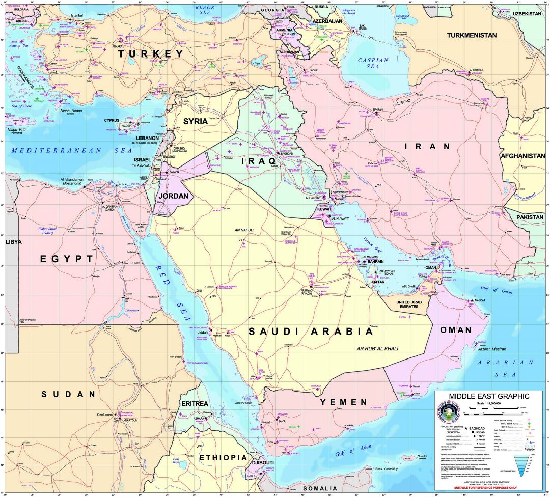 Большая детальная графическая карта Ближнего Востока со всеми военно-воздушными базами - 2003
