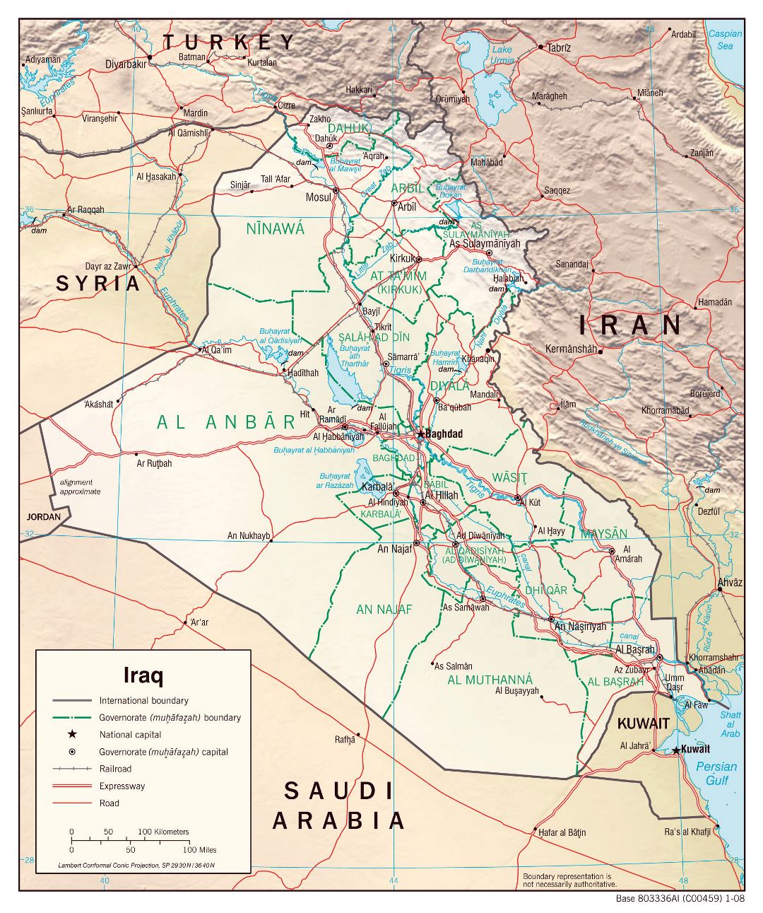 Большая детальная политическая и административная карта Ирака с рельефом, дорогами и городами - 2008