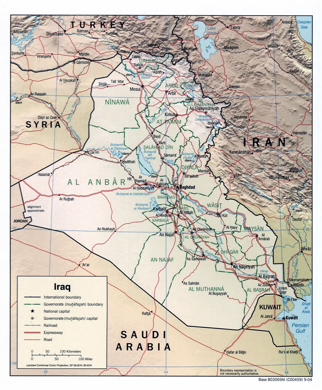 Большая детальная политическая и административная карта Ирака с рельефом, дорогами, автострадами, железными дорогами и крупными городами - 2004