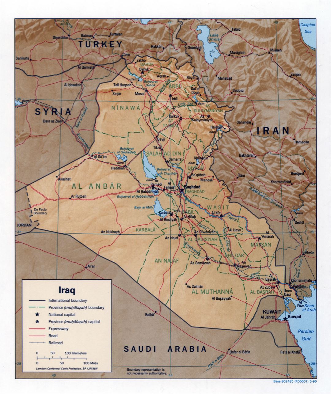 Большая детальная политическая и административная карта Ирака с рельефом, дорогами, железными дорогами и крупными городами - 1996