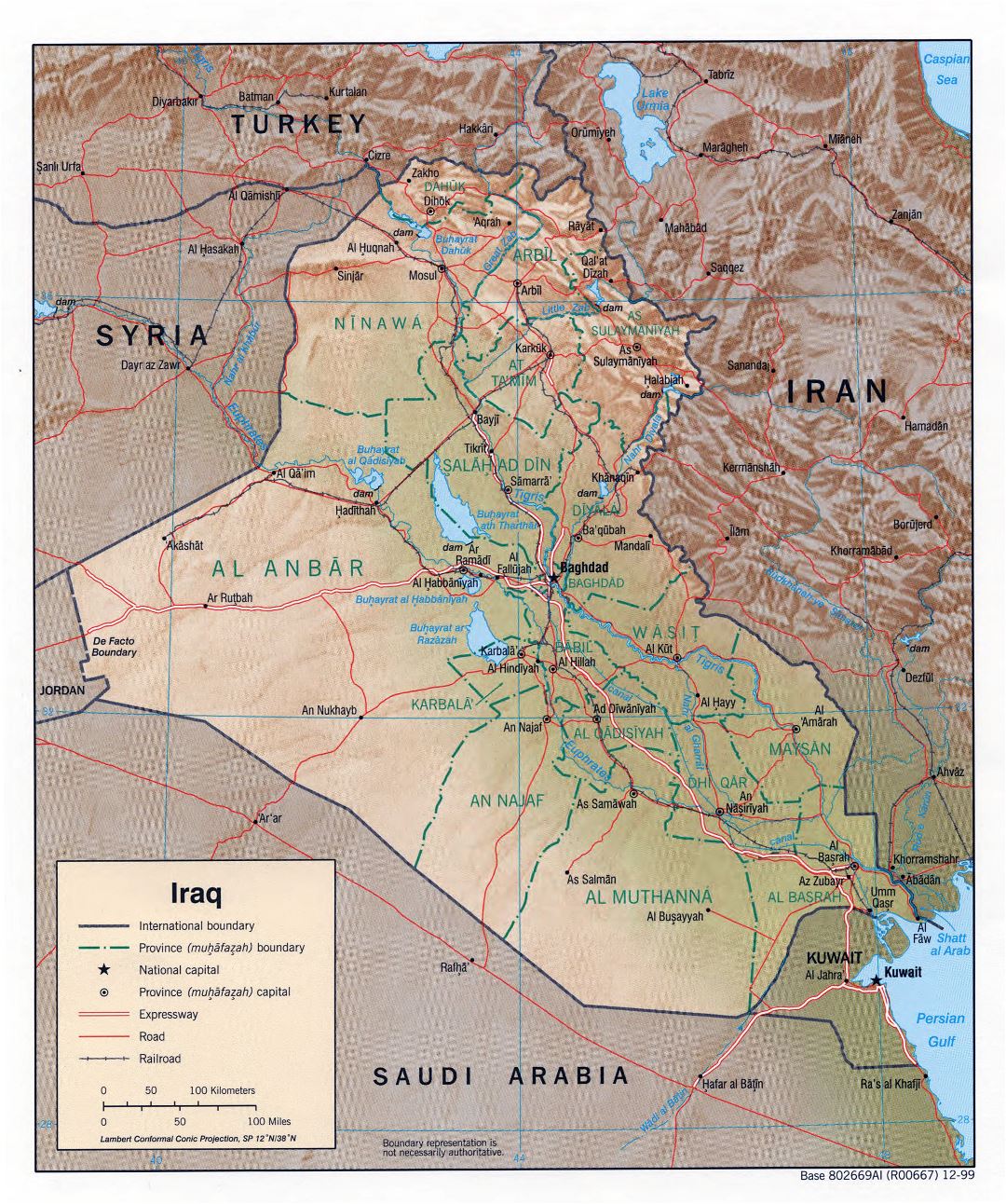 Большая детальная политическая и административная карта Ирака с редьефом, дорогами, железными дорогами и крупными городами - 1999