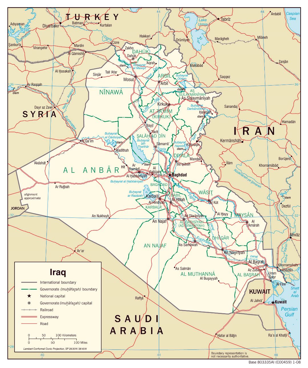Большая детальная политическая и административная карта Ирака с дорогами и городами - 2008