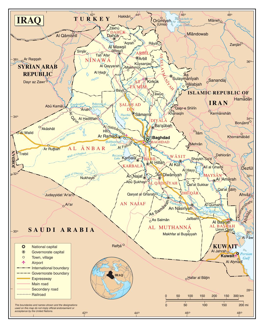 Большая детальная политическая и административная карта Ирака с дорогами, городами и аэропортами