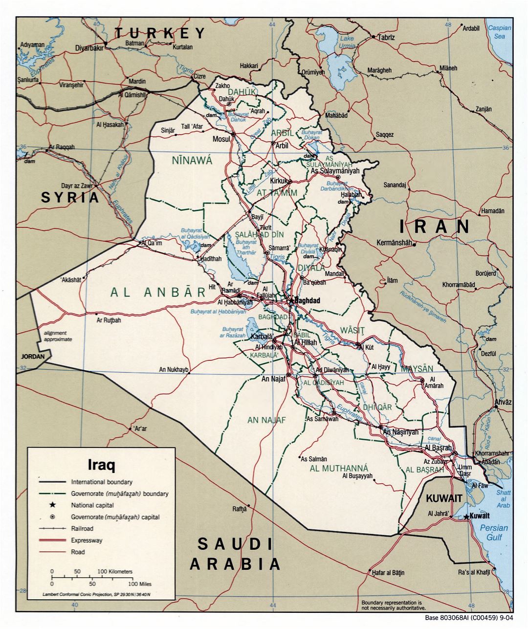 Большая детальная политическая и административная карта Ирака с дорогами, автострадами, железными дорогами и крупными городами - 2004