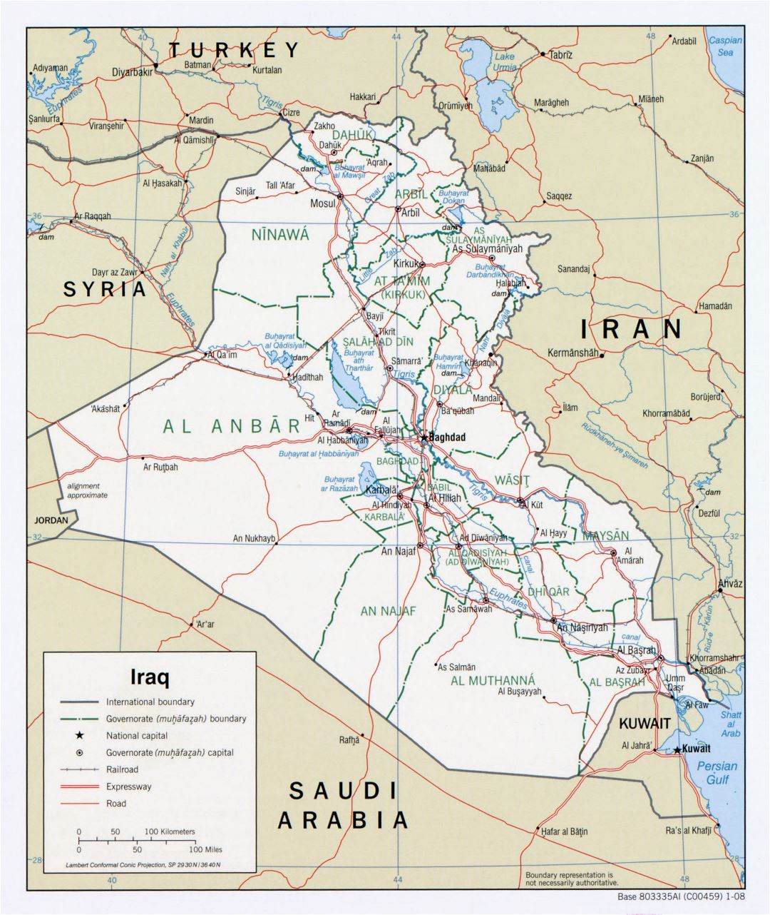 Большая детальная политическая и административная карта Ирака с дорогами, автострадами, железными дорогами и крупными городами - 2008