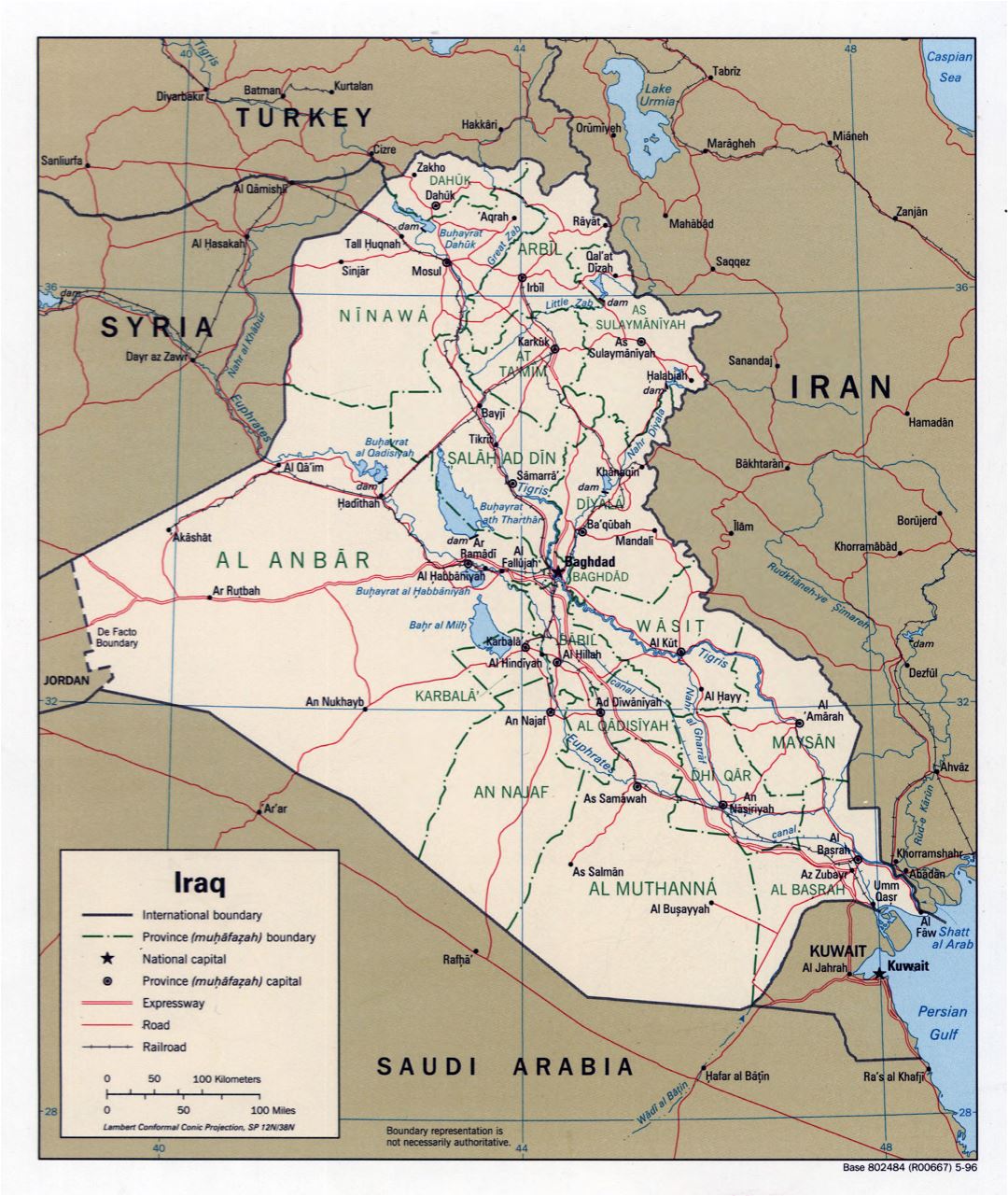 Большая детальная политическая и административная карта Ирака с дорогами, железными дорогами и крупными городами - 1996