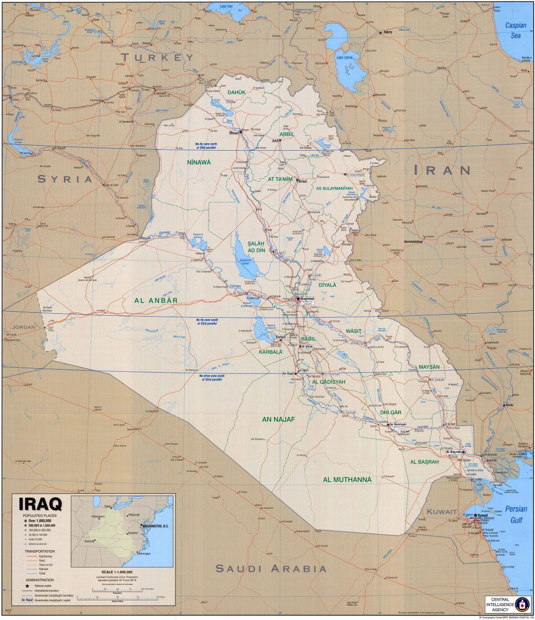 Большая детальная политическая карта Ирака с дорогами, автострадами, городами и другими пометками - 2003