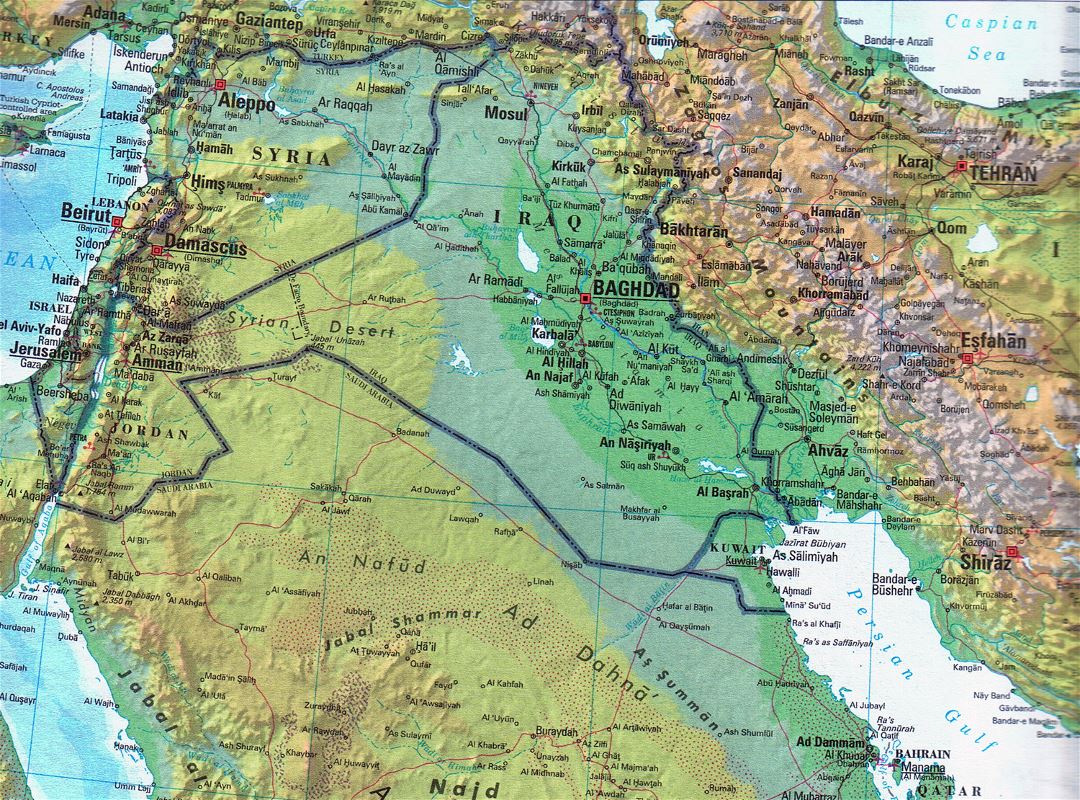 Большая детальная топографическая и политическая карта Ирака
