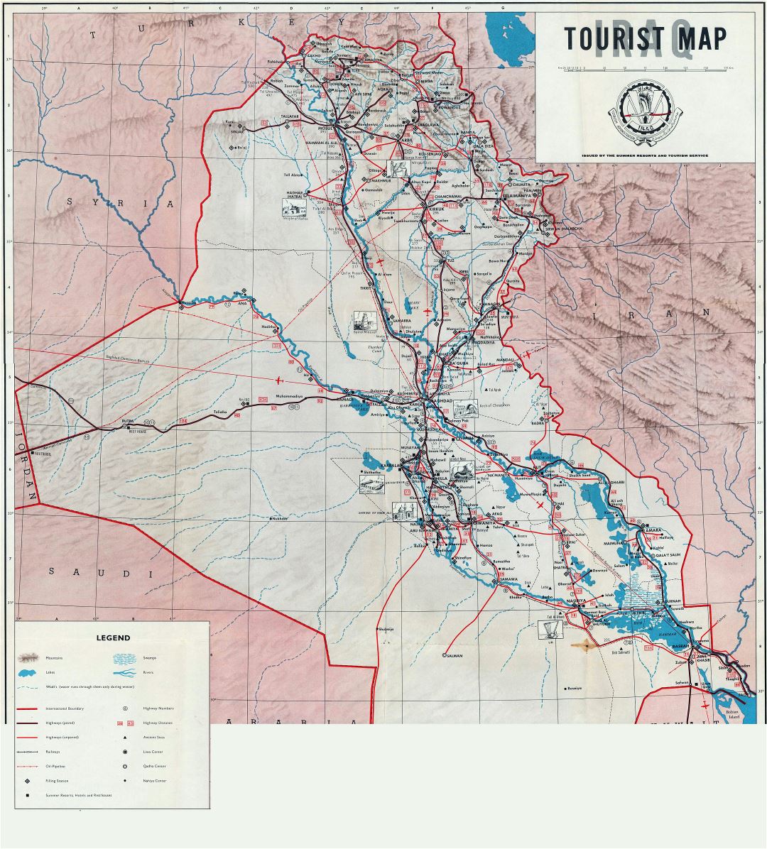 Большая детальная туристическая карта Ирака - 1970