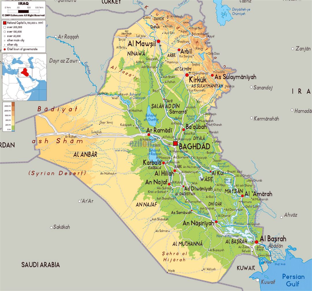 Большая физическая карта Ирака с дорогами, городами и аэропортами