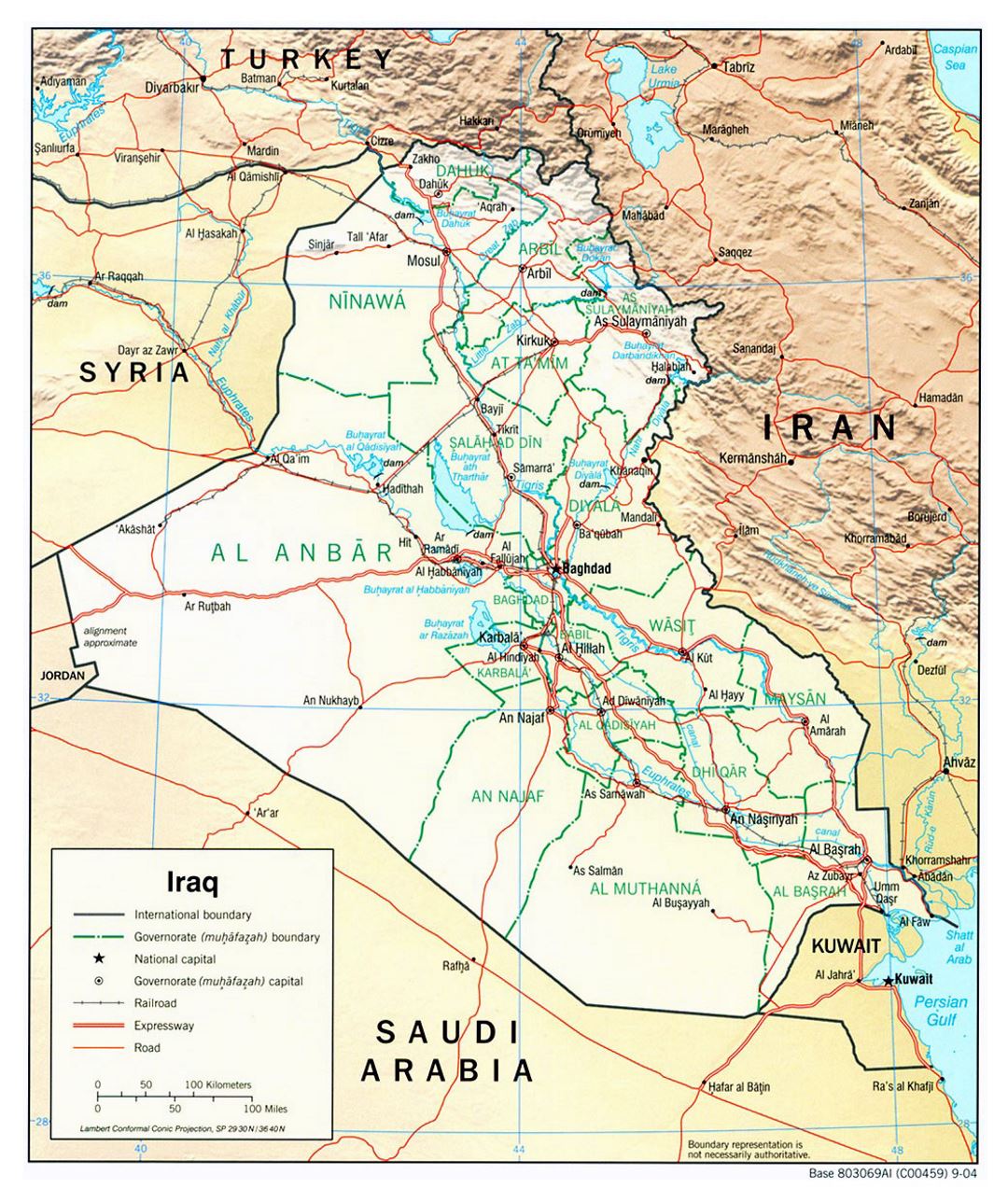 Большая политическая и административная карта Ирака с рельефом, дорогами и городами - 2004